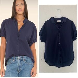 Xirena Navy Blue Channing Cotton short sleeve top button up blouse Shirt
